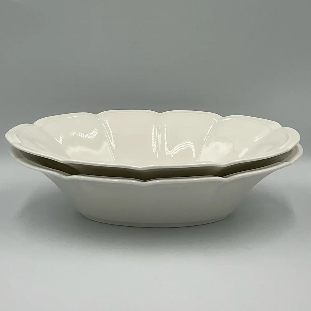 2 Oblong White Scalloped Ceramic Serving Bowls
